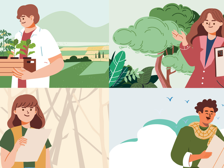 Illustration of diverse young people engaged in environmental work.