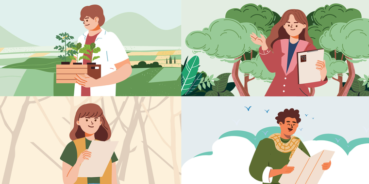 Illustration of diverse young people engaged in environmental work.