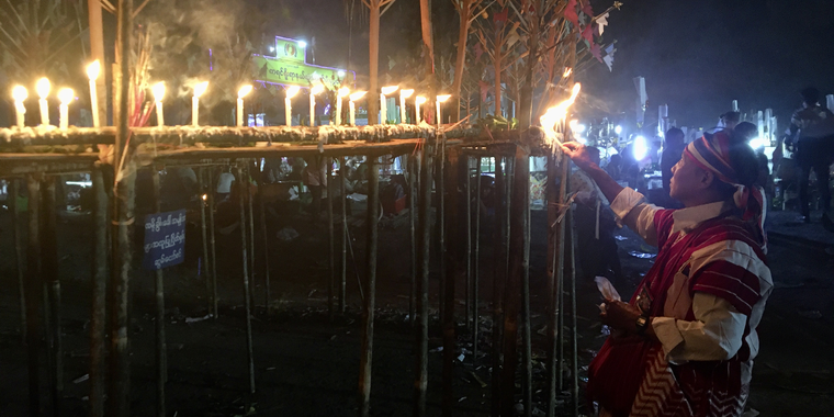 A Karen man offering fire to the spirits at the 198th edition of the Fire Festival, Kawkareik Township, 7 February 2020. Photo credit: Bram Steenhuisen.