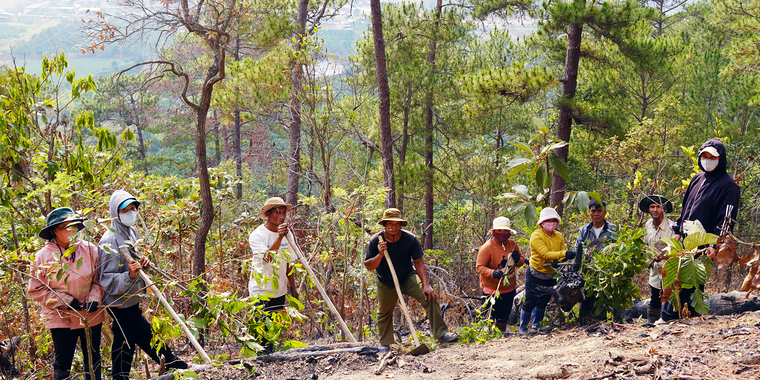 Women and men in Toa Cat village participate in a demonstration on post-fire management.