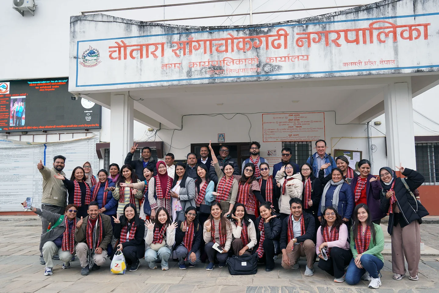 WAVES participants and RECOFTC staff pose for a group photo during a study visit to Chautara Sangachokgadhi Municipality in Nepal focused on gender leadership in forestry