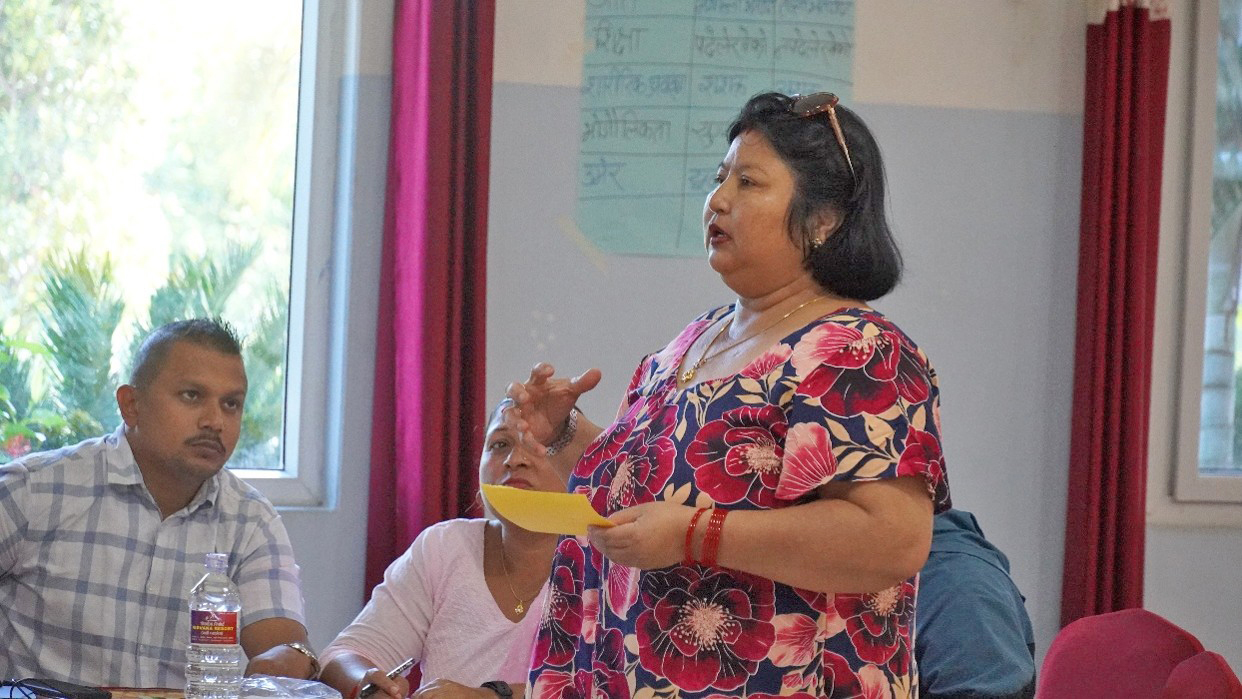 Mindra Kumari Shrestha, chairperson of the Jaldevi Community Forest User Group, discussing the value of the training in strengthening governance and women's leadership.