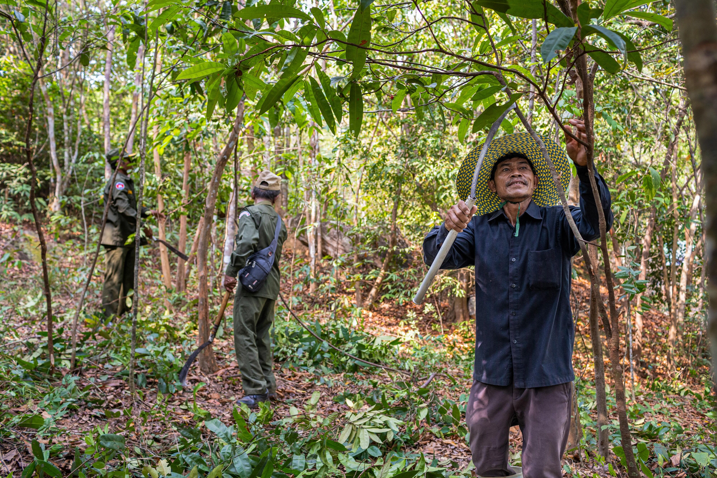 Men with tools stand in a forest in Cambodia.