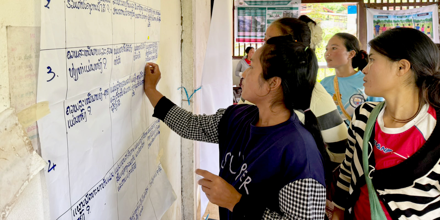 Women take part in a participatory training exercise using a wall chart during an EnABLE activity in Lao PDR.
