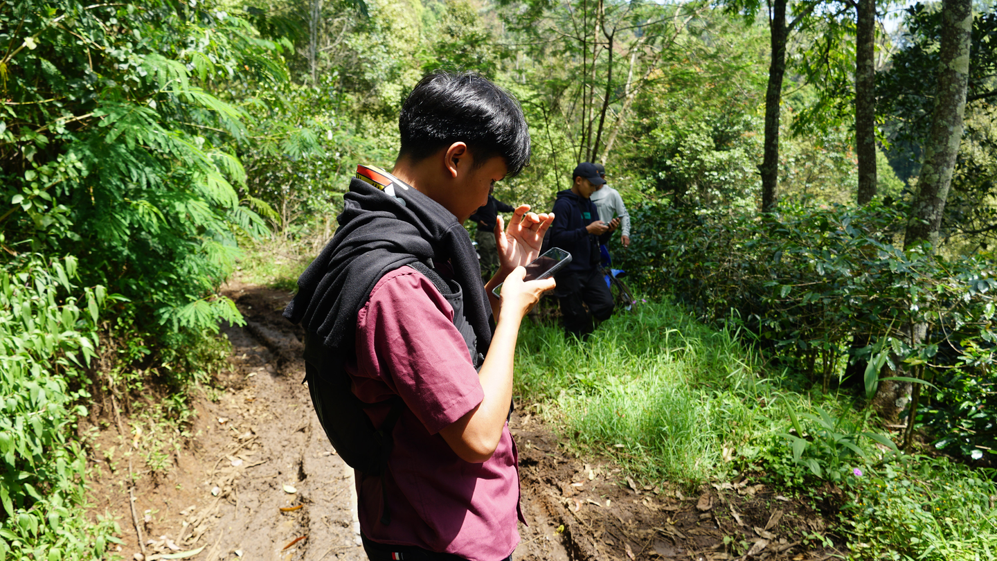 Local youth surveying and collecting coffee farm coordinates
